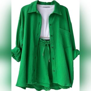 VERY J Texture Button Up Shirt and Shorts Set